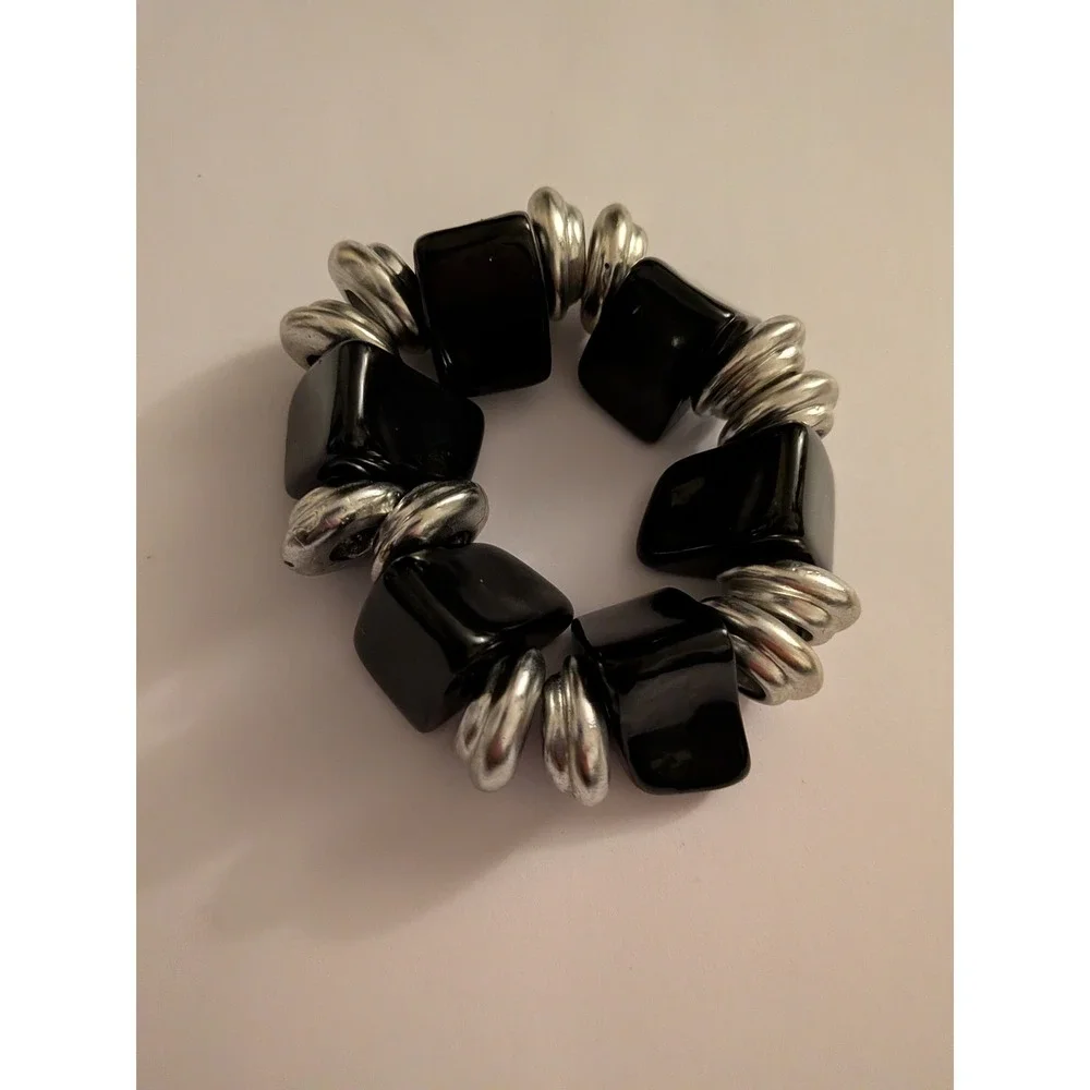 Chunky Black Resin Cube and Ribbed Silver Tone Stretch Statement Bracelet